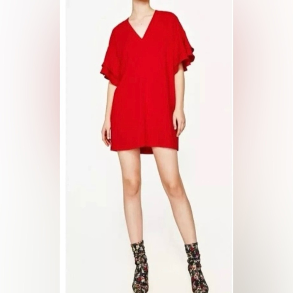 Zara Women’s Deep V Neck 2 Tier Short Ruffled Sleeves Dress Red M